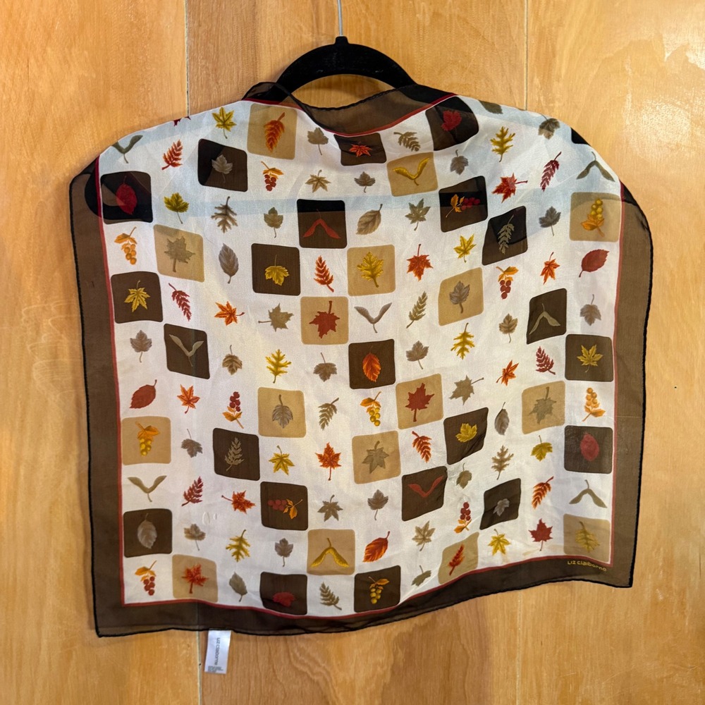Liz Claiborne Women Brown Cream Autumn Leaf Print Square Sheer Scarf 20x20